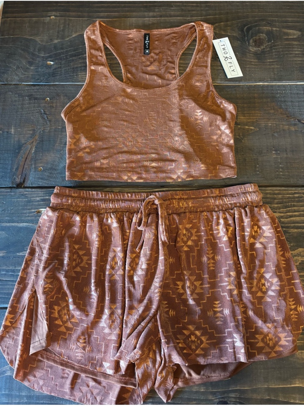 TWO2FLY Copper-Tone Racerback Crop Top & Shorts set
